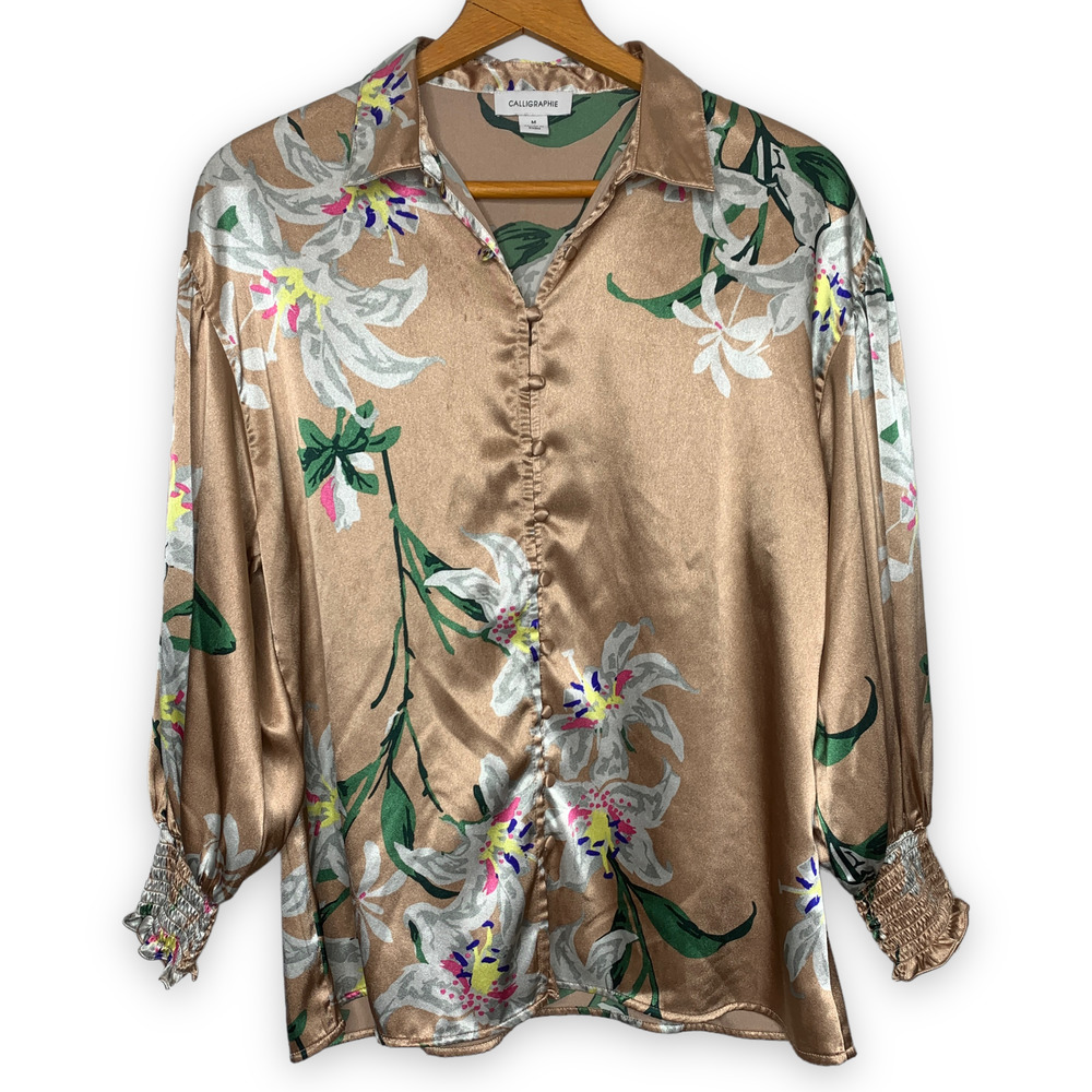 Anthropologie Metallic Gold Floral Satin Blouse